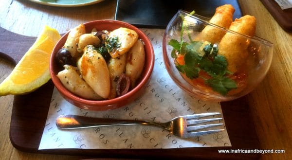 Tempura prawns and pan-seared calamari Cilantros