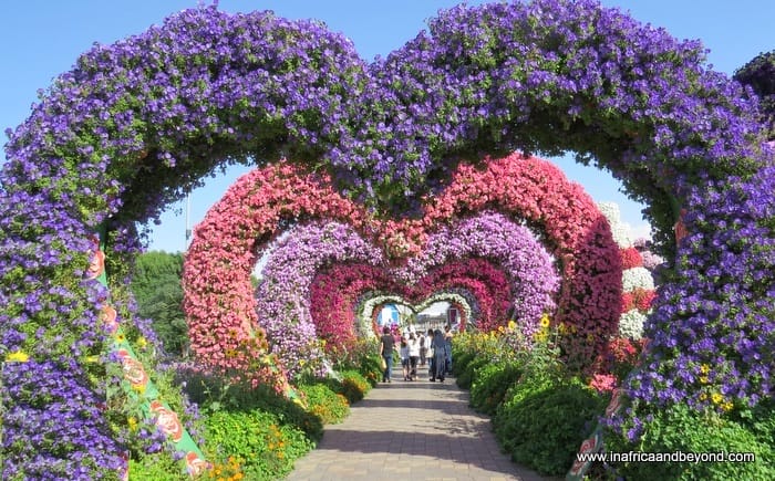 Heart-shaped flower installations at Miracle Gardens