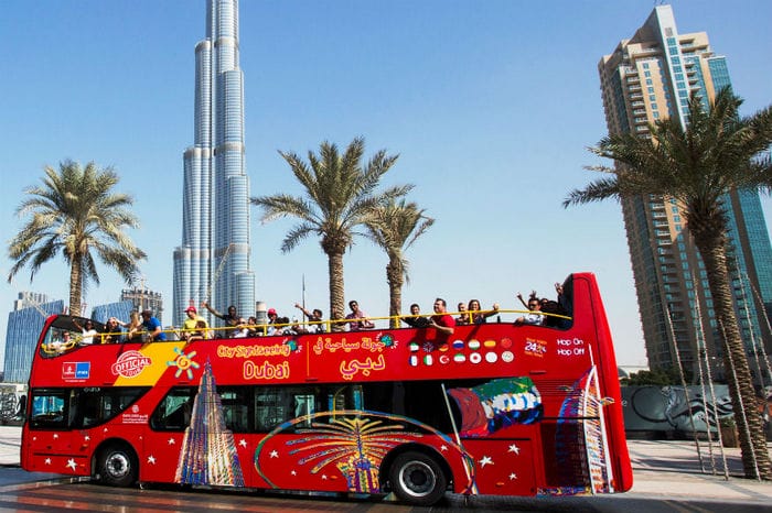 City Sightseeing Bus Dubai in front of Burj Khalifa