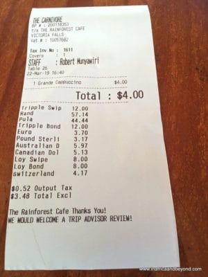 Victoria Falls - What you need to know 7 Coffee bill